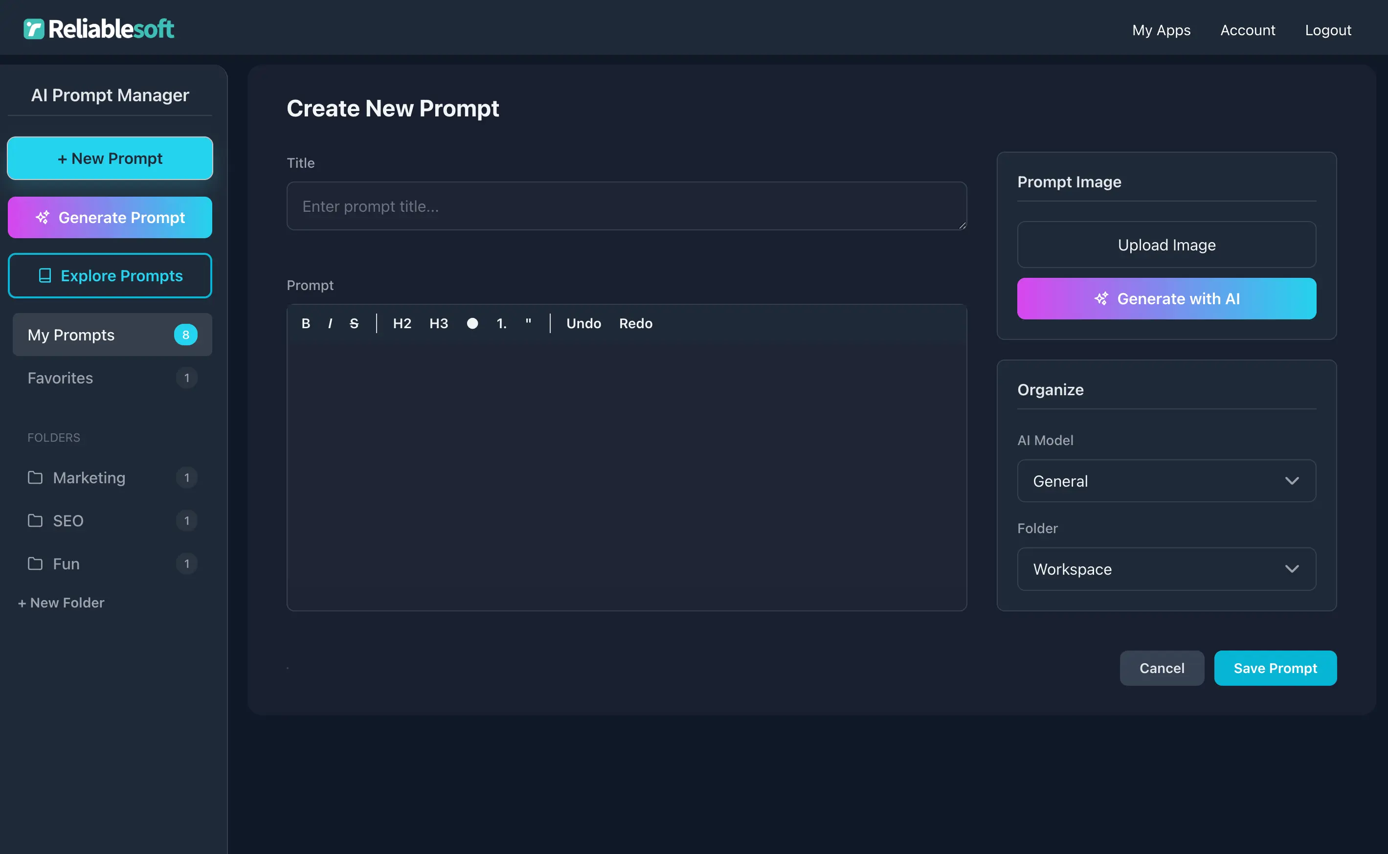 Create new prompt screen with title, editor, and organize panel