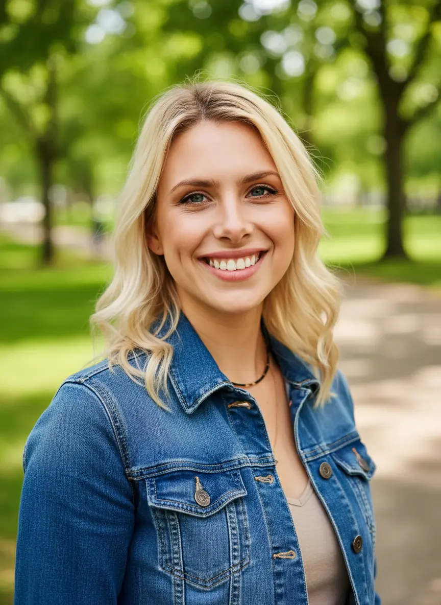 AI headshot in denim jacket outdoors
