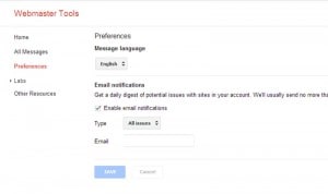 Email settings in Google Webmaster tools - Click to enlarge