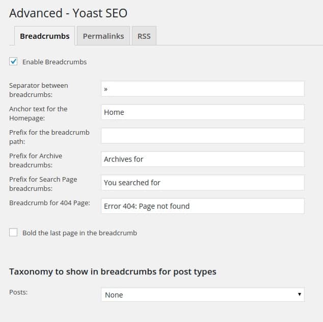 Yoast SEO Breadcrumb settings